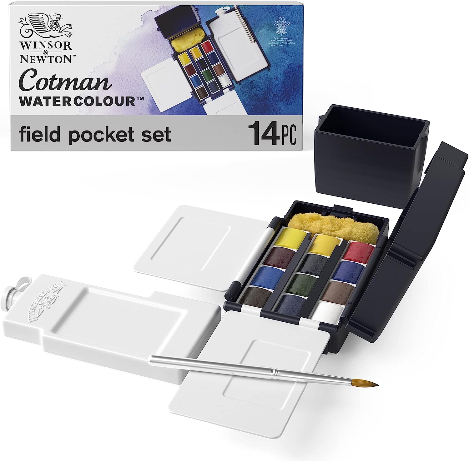 230527223721714_1 Winsor & Newton 390639 Cotman Water Colour Paint Field Box Set, 14 Piece Set, Half Pans - Image 1